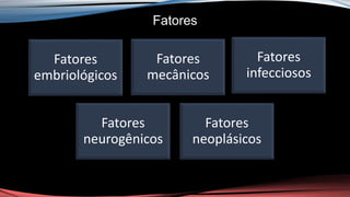 Fatores
Fatores
embriológicos
Fatores
mecânicos
Fatores
infecciosos
Fatores
neurogênicos
Fatores
neoplásicos
 