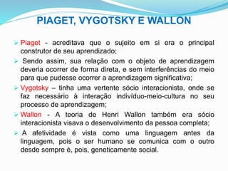 PIAGET, VYGOTSKY E WALLON
 Piaget - acreditava que o sujeito em si era o principal
construtor de seu aprendizado;
 Sendo assim, sua relação com o objeto de aprendizagem
deveria ocorrer de forma direta, e sem interferências do meio
para que pudesse ocorrer a aprendizagem significativa;
 Vygotsky – tinha uma vertente sócio interacionista, onde se
faz necessário à interação indivíduo-meio-cultura no seu
processo de aprendizagem;
 Wallon - A teoria de Henri Wallon também era sócio
interacionista visava o desenvolvimento da pessoa completa;
 A afetividade é vista como uma linguagem antes da
linguagem, pois o ser humano se comunica com o outro
desde sempre é, pois, geneticamente social.
 