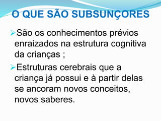 O QUE SÃO SUBSUNÇORES
São os conhecimentos prévios
enraizados na estrutura cognitiva
da crianças ;
Estruturas cerebrais que a
criança já possui e à partir delas
se ancoram novos conceitos,
novos saberes.
 