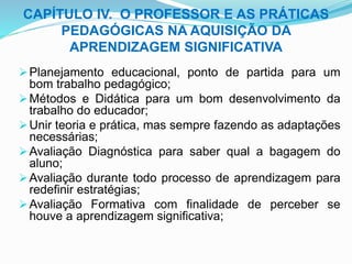CAPÍTULO IV. O PROFESSOR E AS PRÁTICAS
PEDAGÓGICAS NA AQUISIÇÃO DA
APRENDIZAGEM SIGNIFICATIVA
Planejamento educacional, ponto de partida para um
bom trabalho pedagógico;
Métodos e Didática para um bom desenvolvimento da
trabalho do educador;
Unir teoria e prática, mas sempre fazendo as adaptações
necessárias;
Avaliação Diagnóstica para saber qual a bagagem do
aluno;
Avaliação durante todo processo de aprendizagem para
redefinir estratégias;
Avaliação Formativa com finalidade de perceber se
houve a aprendizagem significativa;
 