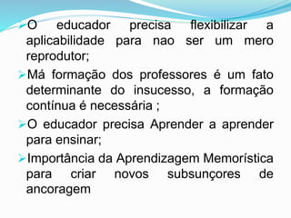 O educador precisa flexibilizar a
aplicabilidade para nao ser um mero
reprodutor;
Má formação dos professores é um fato
determinante do insucesso, a formação
contínua é necessária ;
O educador precisa Aprender a aprender
para ensinar;
Importância da Aprendizagem Memorística
para criar novos subsunçores de
ancoragem
 