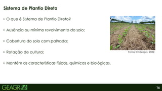 16
• O que é Sistema de Plantio Direto?
• Ausência ou mínimo revolvimento do solo;
• Cobertura do solo com palhada;
• Rotação de cultura;
• Mantém as características físicas, químicas e biológicas.
Sistema de Plantio Direto
Fonte: Embrapa, 2022.
 