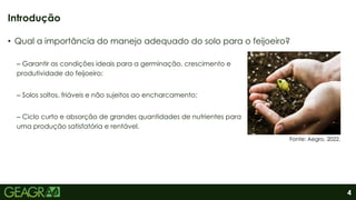 4
• Qual a importância do manejo adequado do solo para o feijoeiro?
– Garantir as condições ideais para a germinação, crescimento e
produtividade do feijoeiro;
– Solos soltos, friáveis e não sujeitos ao encharcamento;
– Ciclo curto e absorção de grandes quantidades de nutrientes para
uma produção satisfatória e rentável.
Introdução
Fonte: Aegro, 2022.
 