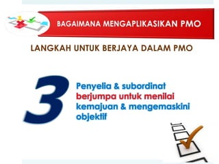 LANGKAH UNTUK BERJAYA DALAM PMO

Penyelia & subordinat
berjumpa untuk menilai
kemajuan & mengemaskini
objektif

 