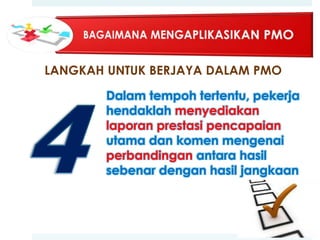 LANGKAH UNTUK BERJAYA DALAM PMO
Dalam tempoh tertentu, pekerja
hendaklah menyediakan
laporan prestasi pencapaian
Penyelia & subordinat
utama dan untuk menilai
berjumpa komen mengenai
perbandingan antara hasil
kemajuan & mengemaskini
sebenar dengan hasil jangkaan
objektif

 