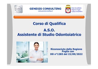 A.S.O.
Assistente di Studio Odontoiatrico
Corso di Qualifica
Riconosciuto dalla Regione
Puglia con
DD n°1383 del 15/09/2022
 