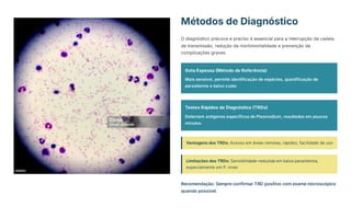 Métodos de Diagnóstico
O diagnóstico precoce e preciso é essencial para a interrupção da cadeia
de transmissão, redução da morbimortalidade e prevenção de
complicações graves.
Gota Espessa (Método de Referência)
Mais sensível, permite identificação de espécies, quantificação de
parasitemia e baixo custo
Testes Rápidos de Diagnóstico (TRDs)
Detectam antígenos específicos do Plasmodium, resultados em poucos
minutos
Vantagens dos TRDs: Acesso em áreas remotas, rapidez, facilidade de uso
Limitações dos TRDs: Sensibilidade reduzida em baixa parasitemia,
especialmente em P. vivax
Recomendação: Sempre confirmar TRD positivo com exame microscópico
quando possível.
 