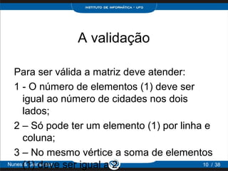 A validação

  Para ser válida a matriz deve atender:
  1 - O número de elementos (1) deve ser
      igual ao número de cidades nos dois
      lados;
  2 – Só pode ter um elemento (1) por linha e
      coluna;
  3 – No mesmo vértice a soma de elementos
Nunes (1) deve ser igual a 2.
       & Guimarães                         10 / 38
 