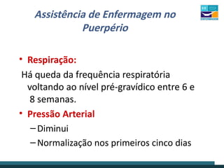 Assistência de Enfermagem no
Puerpério
• Respiração:
Há queda da frequência respiratória
voltando ao nível pré-gravídico entre 6 e
8 semanas.
• Pressão Arterial
–Diminui
–Normalização nos primeiros cinco dias
 