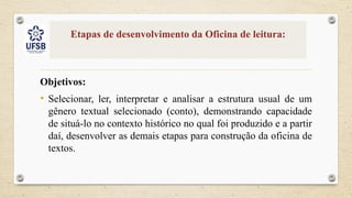 Etapas de desenvolvimento da Oficina de leitura:
Objetivos:
• Selecionar, ler, interpretar e analisar a estrutura usual de um
gênero textual selecionado (conto), demonstrando capacidade
de situá-lo no contexto histórico no qual foi produzido e a partir
daí, desenvolver as demais etapas para construção da oficina de
textos.
 