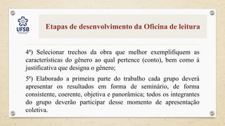 Etapas de desenvolvimento da Oficina de leitura
4ª) Selecionar trechos da obra que melhor exemplifiquem as
características do gênero ao qual pertence (conto), bem como à
justificativa que designa o gênero;
5ª) Elaborado a primeira parte do trabalho cada grupo deverá
apresentar os resultados em forma de seminário, de forma
consistente, coerente, objetiva e panorâmica; todos os integrantes
do grupo deverão participar desse momento de apresentação
coletiva.
 