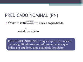 PREDICADO NOMINAL (PN)
forte
• O vento está . núcleo do predicado
estado do sujeito
PREDICADO NOMINAL: é aquele que tem o núcleo
de seu significado concentrado em um nome, que
indica um estado ou uma qualidade do sujeito.
 