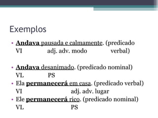 Exemplos
• Andava pausada e calmamente. (predicado
VI adj. adv. modo verbal)
• Andava desanimado. (predicado nominal)
VL PS
• Ela permanecerá em casa. (predicado verbal)
VI adj. adv. lugar
• Ele permanecerá rico. (predicado nominal)
VL PS
 