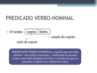 PREDICADO VERBO-NOMINAL
• O vento
estado do sujeito
ação de soprar
sopra forte.
PREDICADO VERBO-NOMINAL: é aquele que tem dois
núcleos - um verbo e um nome -, indicando ao mesmo
tempo uma visão dinâmica do fato e o estado em que se
encontra o sujeito ou o objeto do verbo.
 