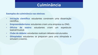 Culminância
Exemplos de culminância nas eletivas:
• Iniciação científica: estudantes constroem uma dissertação
científica.
• Empreendedorismo: estudantes criam uma empresa ou ONG.
• Oficina de teatro: estudantes criam um espetáculo
teatral/musical.
• Clube de debate: estudantes realizam debates estruturados.
• Olimpíadas: estudantes se preparam para uma olimpíada e
simulam o evento.
 