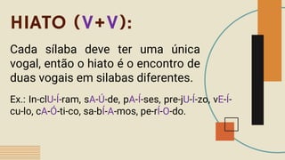 HIATO (V+V):
Cada sílaba deve ter uma única
vogal, então o hiato é o encontro de
duas vogais em silabas diferentes.
Ex.: In-clU-Í-ram, sA-Ú-de, pA-Í-ses, pre-jU-Í-zo, vE-Í-
cu-lo, cA-Ó-ti-co, sa-bÍ-A-mos, pe-rÍ-O-do.
 