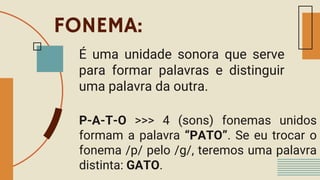 FONEMA:
É uma unidade sonora que serve
para formar palavras e distinguir
uma palavra da outra.
P-A-T-O >>> 4 (sons) fonemas unidos
formam a palavra “PATO”. Se eu trocar o
fonema /p/ pelo /g/, teremos uma palavra
distinta: GATO.
 