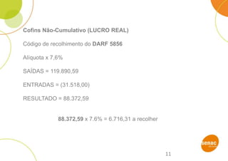 11
Cofins Não-Cumulativo (LUCRO REAL)
Código de recolhimento do DARF 5856
Alíquota x 7,6%
SAÍDAS = 119.890,59
ENTRADAS = (31.518,00)
RESULTADO = 88.372,59
88.372,59 x 7.6% = 6.716,31 a recolher
 