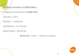 8
PIS Não-Cumulativo (LUCRO REAL)
Código de recolhimento do DARF 6912
Alíquota x 1,65%
SAÍDAS = 119.890,59
ENTRADAS = (31.518,00)
RESULTADO = 88.372,59
88.372,59 x 1,65% = 1.458,14 a recolher
 