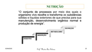 “O conjunto de processos por meio dos quais o
organismo vivo recolhe e transforma as substâncias
sólidas e líquidas exteriores de que precisa para sua
manutenção, desenvolvimento orgânico normal e
produção de energia”.
DIGESTÃO
ABSORÇÃO
METABOLISMO
EXCREÇÃO
Profª Mestre Ana Silveira
NUTRIÇÃO
02/06/2020 22
 