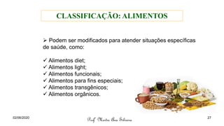 ➢ Podem ser modificados para atender situações específicas
de saúde, como:
✓ Alimentos diet;
✓ Alimentos light;
✓ Alimentos funcionais;
✓ Alimentos para fins especiais;
✓ Alimentos transgênicos;
✓ Alimentos orgânicos.
Profª Mestre Ana Silveira
CLASSIFICAÇÃO: ALIMENTOS
02/06/2020 27
 