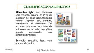 Alimentos light: são alimentos
com redução mínima de 25% de
qualquer de seus atributos,como
calorias, açúcar, sal, gordura,
carboidratos e colesterol. Os
produtos tem valor reduzidos de
nutrientes ou de valor energético
quando comparados aos
alimentos similares.
Exemplo: requeijão light, com
gordura diminuída.
Profª Mestre Ana Silveira
CLASSIFICAÇÃO: ALIMENTOS
02/06/2020 29
 
