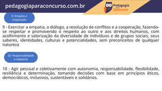 9 - Exercitar a empatia, o diálogo, a resolução de conflitos e a cooperação, fazendo-
se respeitar e promovendo o respeito ao outro e aos direitos humanos, com
acolhimento e valorização da diversidade de indivíduos e de grupos sociais, seus
saberes, identidades, culturas e potencialidades, sem preconceitos de qualquer
natureza
10 - Agir pessoal e coletivamente com autonomia, responsabilidade, flexibilidade,
resiliência e determinação, tomando decisões com base em princípios éticos,
democráticos, inclusivos, sustentáveis e solidários.
9- Empatia e
cooperação
10- Responsabilidade
e cidadania
 