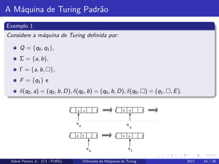 A M´aquina de Turing Padr˜ao
Exemplo 1
Considere a m´aquina de Turing deﬁnida por:
Q = {q0, q1},
Σ = {a, b},
Γ = {a, b, },
F = {q1} e
δ(q0, a) = (q0, b, D), δ(q0, b) = (q0, b, D), δ(q0, ) = (q1, , E).
Sidnei Pereira Jr. (C3 - FURG) Diﬁni¸c˜oes de M´aquinas de Turing 2017 14 / 26
 