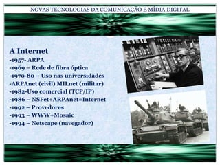 NOVAS TECNOLOGIAS DA COMUNICAÇÃO E MÍDIA DIGITALA Internet-1957- ARPA-1969 – Rede de fibra óptica-1970-80 – Uso nas universidades-ARPAnet (civil) MILnet (militar)-1982-Uso comercial (TCP/IP)-1986 – NSFet+ARPAnet=Internet-1992 – Provedores-1993 – WWW+Mosaic-1994 – Netscape (navegador)