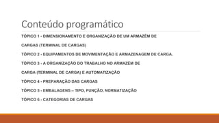 Conteúdo programático
TÓPICO 1 - DIMENSIONAMENTO E ORGANIZAÇÃO DE UM ARMAZÉM DE
CARGAS (TERMINAL DE CARGAS)
TÓPICO 2 - EQUIPAMENTOS DE MOVIMENTAÇÃO E ARMAZENAGEM DE CARGA.
TÓPICO 3 - A ORGANIZAÇÃO DO TRABALHO NO ARMAZÉM DE
CARGA (TERMINAL DE CARGA) E AUTOMATIZAÇÃO
TÓPICO 4 - PREPARAÇÃO DAS CARGAS
TÓPICO 5 - EMBALAGENS – TIPO, FUNÇÃO, NORMATIZAÇÃO
TÓPICO 6 - CATEGORIAS DE CARGAS
 