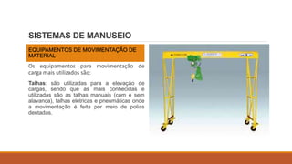 SISTEMAS DE MANUSEIO
EQUIPAMENTOS DE MOVIMENTAÇÃO DE
MATERIAL
Os equipamentos para movimentação de
carga mais utilizados são:
Talhas: são utilizadas para a elevação de
cargas, sendo que as mais conhecidas e
utilizadas são as talhas manuais (com e sem
alavanca), talhas elétricas e pneumáticas onde
a movimentação é feita por meio de polias
dentadas.
 