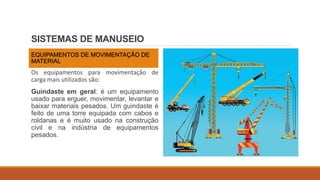 SISTEMAS DE MANUSEIO
EQUIPAMENTOS DE MOVIMENTAÇÃO DE
MATERIAL
Os equipamentos para movimentação de
carga mais utilizados são:
Guindaste em geral: é um equipamento
usado para erguer, movimentar, levantar e
baixar materiais pesados. Um guindaste é
feito de uma torre equipada com cabos e
roldanas e é muito usado na construção
civil e na indústria de equipamentos
pesados.
 