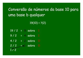 Conversão de números da base 10 para
uma base b qualquer
19(10) = ?(2)
19 / 2 = 9 sobra 1
9 / 2 = 4 sobra 1
4 / 2 = 2 sobra 0
2 / 2 = 1 sobra 0
1 / 2
 