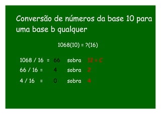 Conversão de números da base 10 para
uma base b qualquer
1068(10) = ?(16)
1068 / 16 = 66 sobra 12 = C
66 / 16 = 4 sobra 2
4 / 16 = 0 sobra 4
 