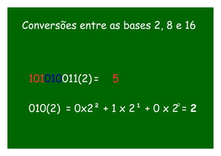 Conversões entre as bases 2, 8 e 16
101010011(2) = 5
010(2) = 0x2² + 1 x 2¹ + 0 x 2 = 2
0
 