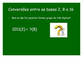 Conversões entre as bases 2, 8 e 16
- Mas se não for possível formar grupo de três dígitos?
1011(2) = ?(8)
 