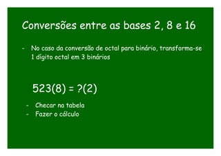 Conversões entre as bases 2, 8 e 16
- No caso da conversão de octal para binário, transforma-se
1 dígito octal em 3 binários
523(8) = ?(2)
- Checar na tabela
- Fazer o cálculo
 