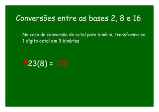 Conversões entre as bases 2, 8 e 16
- No caso da conversão de octal para binário, transforma-se
1 dígito octal em 3 binários
523(8) = 101
 