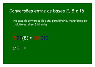 Conversões entre as bases 2, 8 e 16
- No caso da conversão de octal para binário, transforma-se
1 dígito octal em 3 binários
523(8) = 101010
3/ 2 =
 