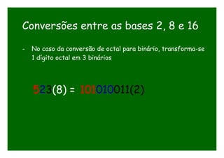 Conversões entre as bases 2, 8 e 16
- No caso da conversão de octal para binário, transforma-se
1 dígito octal em 3 binários
523(8) = 101010011(2)
 