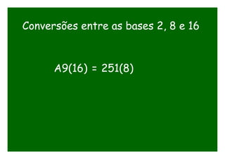 Conversões entre as bases 2, 8 e 16
A9(16) = 251(8)
 