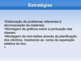 Estratégias Elaboração de problemas referentes à decomposição de materiais; Montagem de gráficos sobre a pontuação das classes; Montagem de mini-latões através da planificação dos cilindros, mostrando as  cores da separação seletiva do lixo; 