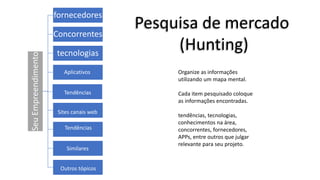 Organize as informações
utilizando um mapa mental.
Cada item pesquisado coloque
as informações encontradas.
tendências, tecnologias,
conhecimentos na área,
concorrentes, fornecedores,
APPs, entre outros que julgar
relevante para seu projeto.
Pesquisa de mercado
(Hunting)
SeuEmpreendimento
fornecedores
Concorrentes
tecnologias
Aplicativos
Tendências
Sites canais web
Tendências
Similares
Outros tópicos
 