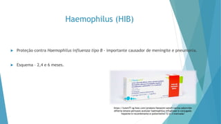 Haemophilus (HIB)
 Proteção contra Haemophilus influenza tipo B - importante causador de meningite e pneumonia.
 Esquema – 2,4 e 6 meses.
11
https://luism77.sg-host.com/produto/hexaxim-sanofi-vacina-adsorvida-
difteria-tetano-pertussis-acelular-haemophilus-influenzae-b-conjugada-
hepatite-b-recombinante-e-poliomielite-12-e-3-inativada/
 