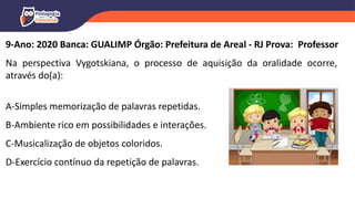 9-Ano: 2020 Banca: GUALIMP Órgão: Prefeitura de Areal - RJ Prova: Professor
Na perspectiva Vygotskiana, o processo de aquisição da oralidade ocorre,
através do(a):
A-Simples memorização de palavras repetidas.
B-Ambiente rico em possibilidades e interações.
C-Musicalização de objetos coloridos.
D-Exercício contínuo da repetição de palavras.
 