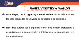 PIAGET, VYGOTSKY e WALLON
➔ Jean Piaget, Lev S. Vygotsky e Henri Wallon são os três maiores
teóricos estudados no universo da educação e da psicologia.
➔ Esses três autores são o tripé das teorias que ajudam professores e
pesquisadores a compreender a inteligência, o aprendizado e o
desenvolvimento.
 