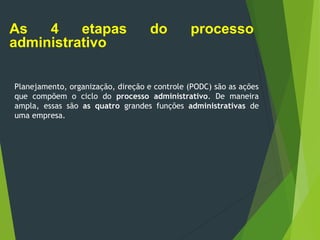 As 4 etapas do processo
administrativo
Planejamento, organização, direção e controle (PODC) são as ações
que compõem o ciclo do processo administrativo. De maneira
ampla, essas são as quatro grandes funções administrativas de
uma empresa.
 