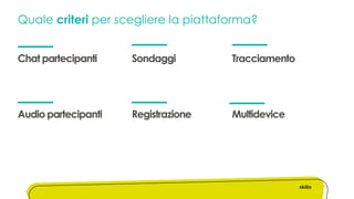 Quale criteri per scegliere la piattaforma?
Chat partecipanti
Audio partecipanti
Sondaggi
Registrazione
Tracciamento
Multidevice
 
