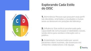 Explorando Cada Estilo
do DISC
1. Dominância: Pessoas que possuem esse perfil
são decididas, orientadas a resultados e muitas
vezes se destacam em posições de liderança.
2. Influência: Este estilo é caracterizado pela
capacidade de comunicação e habilidades sociais,
sendo ótimo para vendas e interação com o
público.
3. Estabilidade: Caracterizados por serem
pacientes e bons ouvintes, são essenciais em
ambientes colaborativos e de equipe.
 
