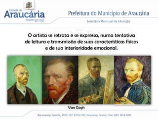 O artista se retrata e se expressa, numa tentativa
de leitura e transmissão de suas características físicas
          e de sua interioridade emocional.




                     Van Gogh
 